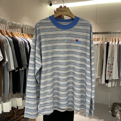 卡通图案条纹拼色宽松长袖T恤