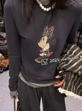 DUODUO 圆领卡通图案拼色假两件修身磨毛T恤上衣