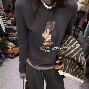 DUODUO 磨毛T恤上衣 圆领卡通图案拼色假两件修身