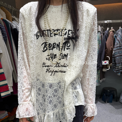 字母下摆不规则荷叶边蕾丝T恤