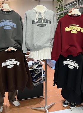 PEACE 圆领字母图案厚款宽松套头加绒卫衣上衣41237