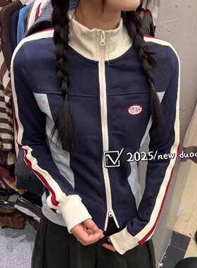 DUODUO 字母小章白色边条拼色修身短款外套卫衣开衫