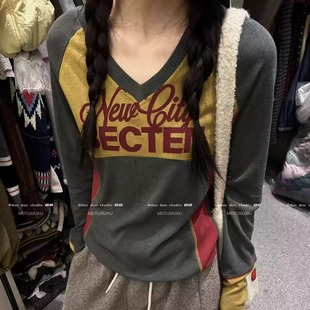上衣 T恤百搭打底衫 DUODUO V领字母图案拼色显瘦长袖