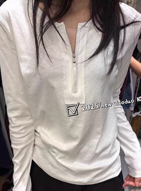 DUODUO 圆领纯色高级感半扣长袖T恤百搭上衣打底衫