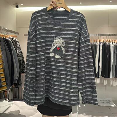 圆领卡通图案条纹拼色宽松长袖