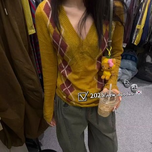 打底衫 DUODUO 针织衫 长袖 毛衣 V领菱形格子弹力修身