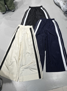 DUODUO 抽绳松紧腰白色边条宽松阔腿休闲裤显瘦垂感拖地裤001