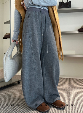 3R3 抽绳松紧腰纯色高级感宽松阔腿加绒卫裤弯刀裤休闲裤69207-1