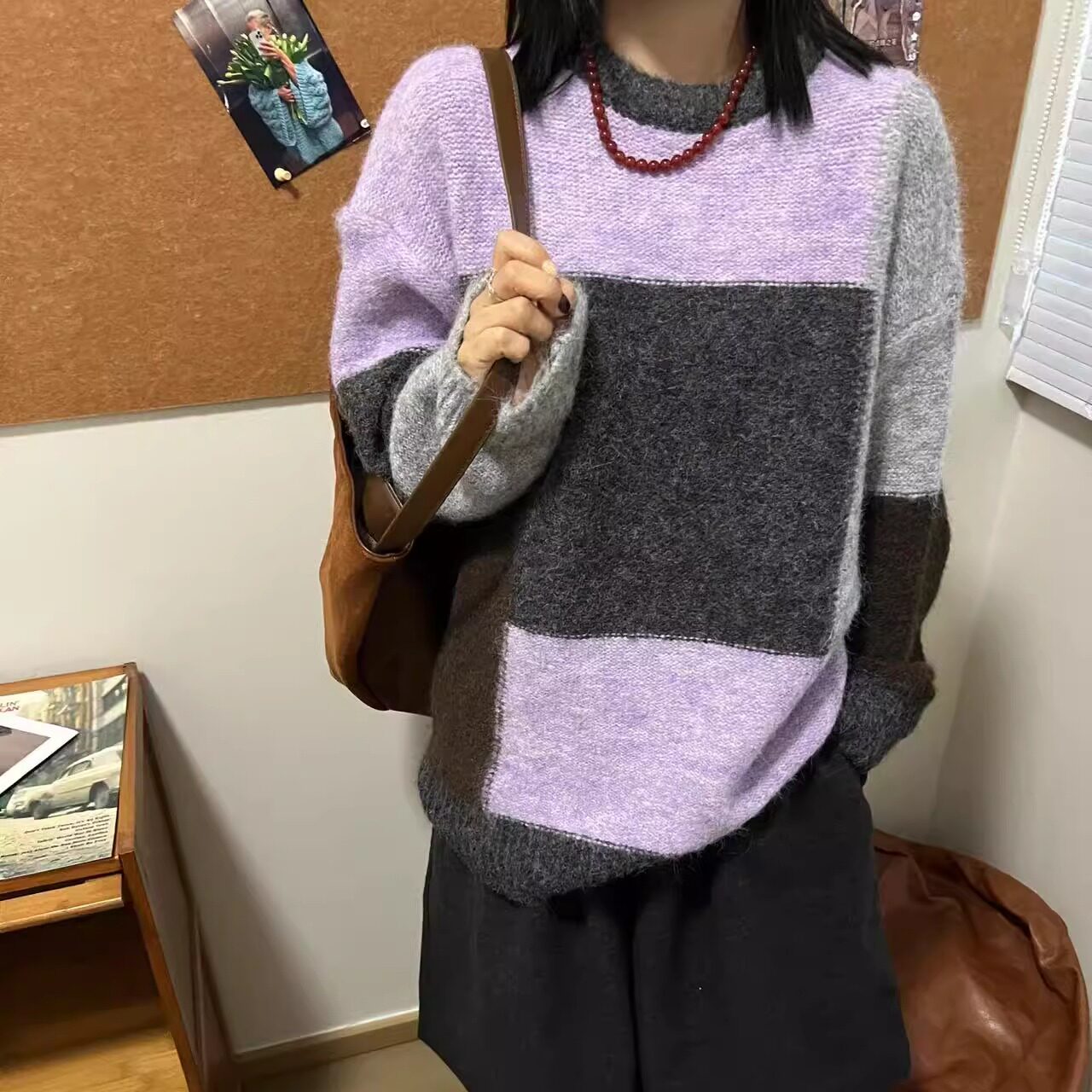 拼色宽松套头长袖针织衫毛衣