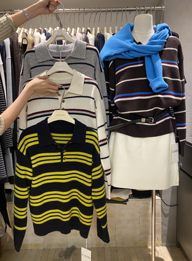 KISS SISTER 翻领复古老钱风条纹拼色长袖针织衫毛衣88808