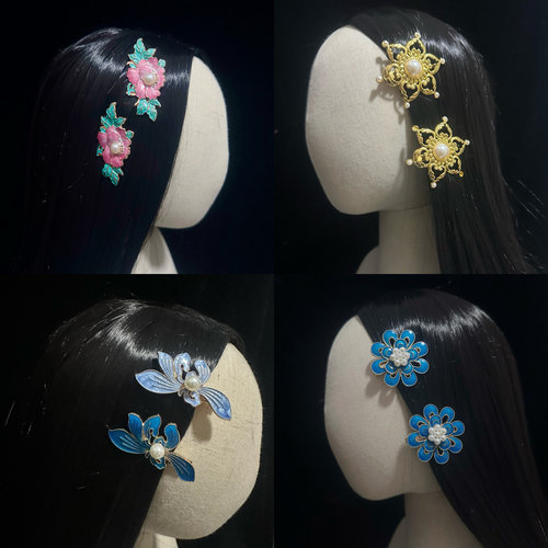 2个价 合金滴油仿点翠烧蓝古风仙美粉蓝色发簪盘发牡丹芍药花流苏