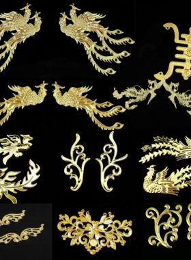 中式喜庆团扇秀禾服饰金色双凤凰铁花片嘴巴带孔花枝藤条配件