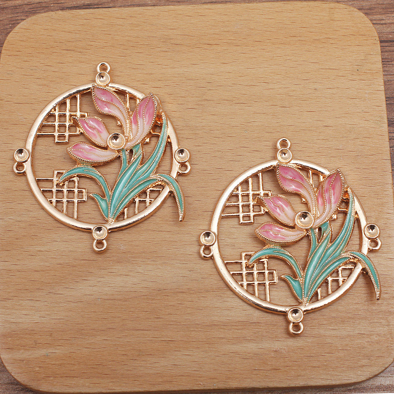 粉彩滴油 仿翠兰花窗花 手工diy中国风璎珞项链禁步吊坠配件