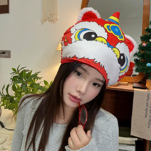 2026年新年红色醒狮头套儿童保暖帽子卡通拍照头饰年会表演出道具