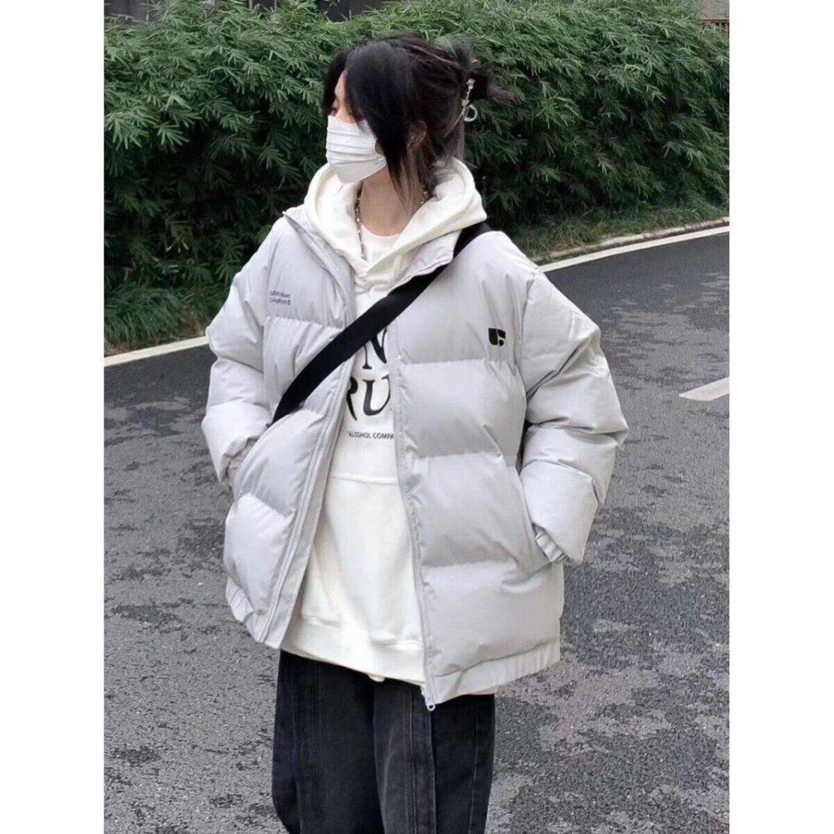美式立领字母灰色保暖棉服女ins冬季新款洋气时尚宽松面包服外套