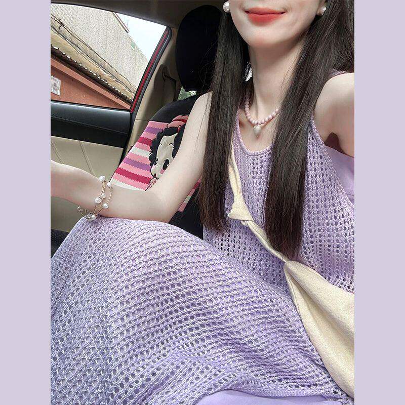 流行漂亮夏装叠穿搭配一整套长裙2026新款紫色吊带连衣裙子女夏季