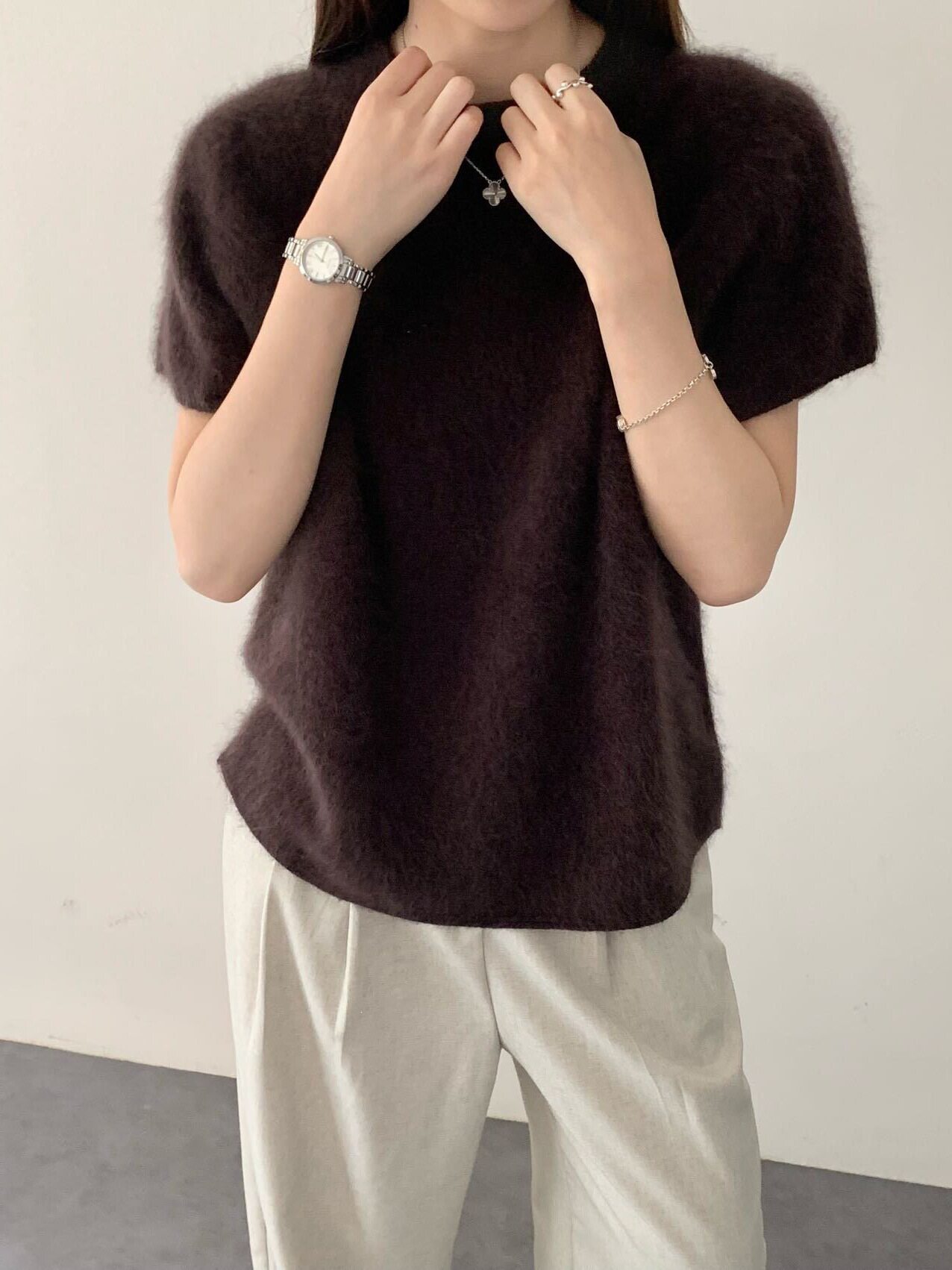 26 Autumn/Winter Fleece Knit Sweater with 95% Sheep Wool and 5% Goat Wool, Short Sleeve, Mulberry Silk Rolled Collar, Korean Style Elegant Sweater