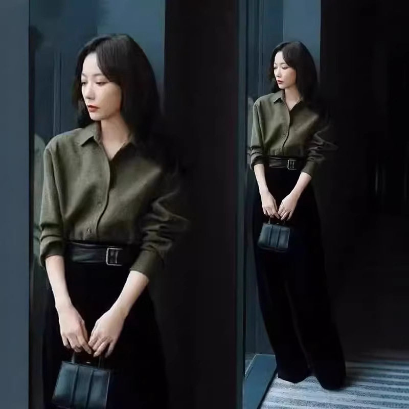 MAX·王珞丹同款羊毛衬衫复古港味纯色长袖衬衫女显瘦秋季