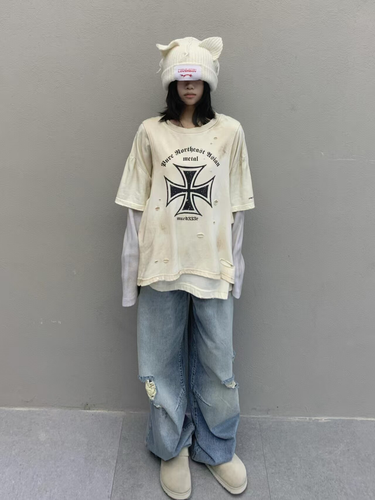 thumbnail for GRAILZ PROJEC G R three crosses distressed stained long sleeve T-shirt VIBE high street loose sweatshirt