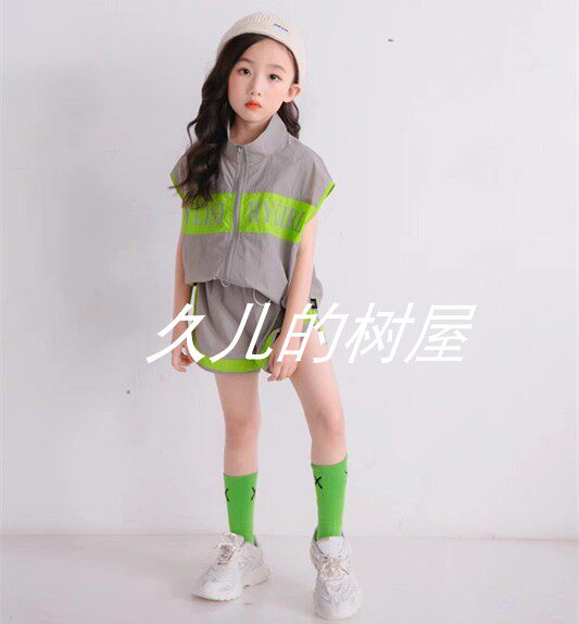 2021新款夏装韩依宝贝212620女中大童速干开衫背心+短裤套装