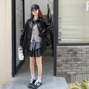 春季POLO领休闲皮衣常规复古薄款韩版标准春秋长袖网红洋气短款图片