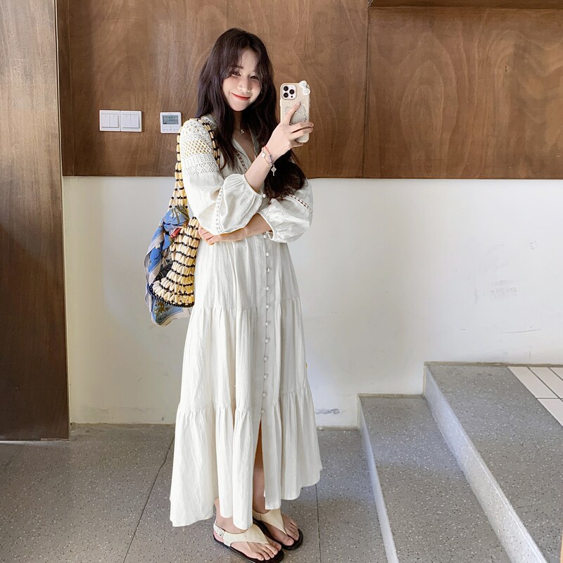 现货数据好2025秋装新款蕾丝纯色拼接长款连衣裙,女装连衣裙,浙宝253