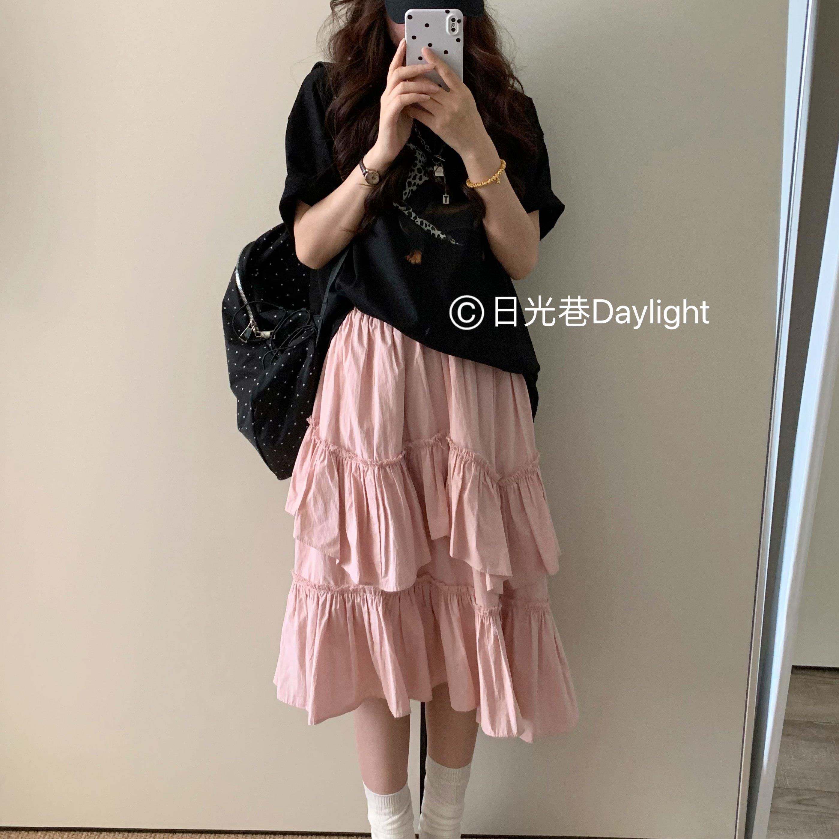 【日光巷Daylight】浪漫温柔毛边设计粉层叠蛋糕裙半身裙