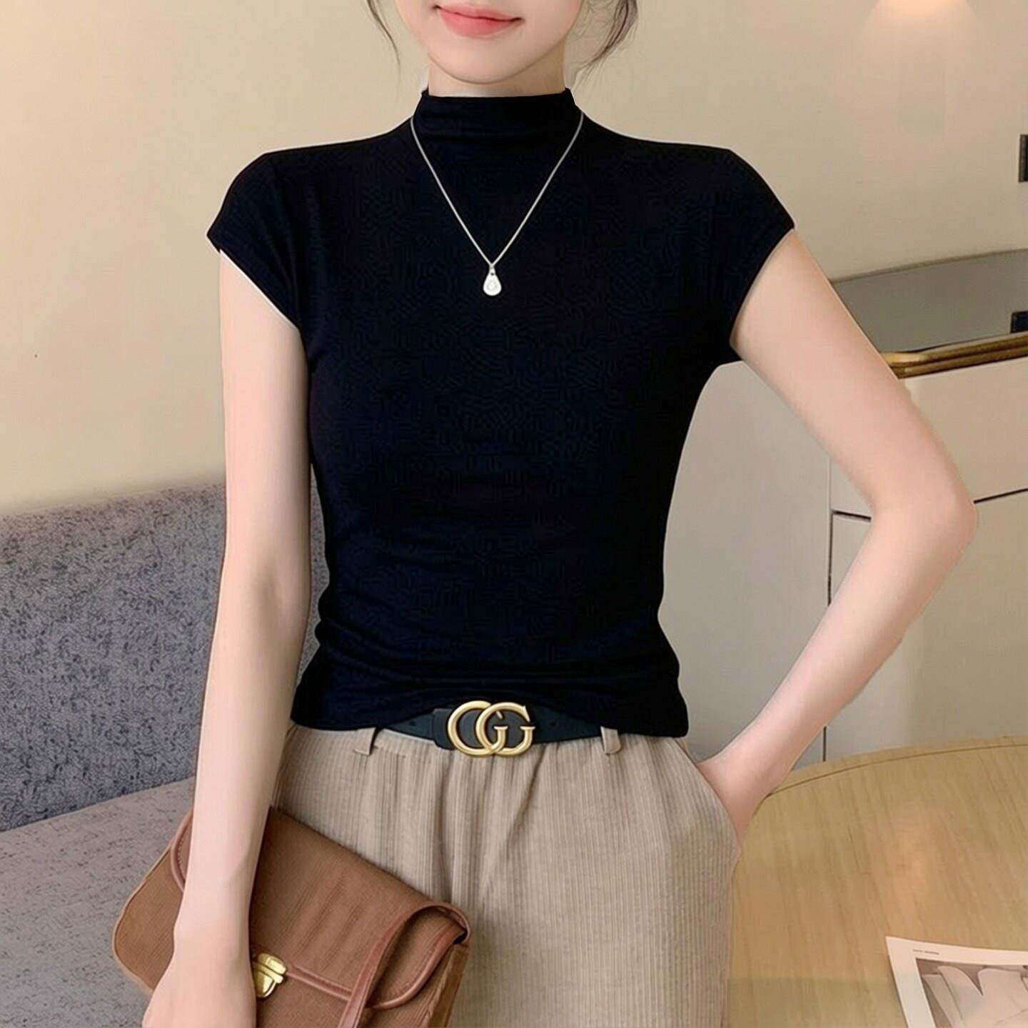 螺纹黑色半高领短袖t恤女2026春夏新款修身设计感小众荷叶袖上衣