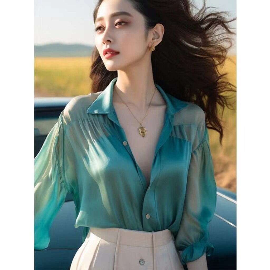 法式轻熟风别致独特绝美小衫甜美上衣薄荷曼波风绿色醋酸衬衫女夏