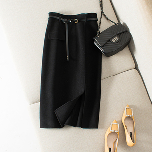 时髦百搭！经典优雅气质~双面呢高腰半身包臀A字裙女秋冬2021新款