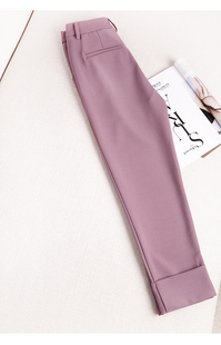 高腰垂感休闲西裤 脚口翻边紫色小直筒西装 OL职业女裤 2020新春装 裤