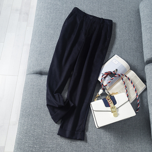 提臀高腰 裤脚翻边侧边虚线拱针羊毛呢直筒裤 通勤OL女装羊毛裤