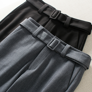 职场通勤LOOK典范!笔挺小直筒九分西装休闲裤秋冬腰带装饰烟管裤