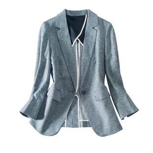 春天的色调 清爽显白蓝色透气舒适棉麻半内衬九分袖一粒扣西装女