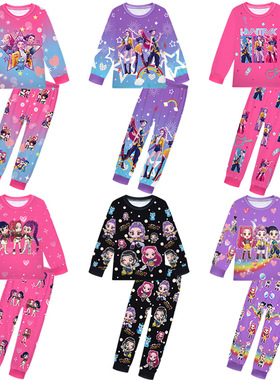 新款儿童K-POP猎魔女团睡衣家居服套装女童春秋长袖长裤圆领t套装