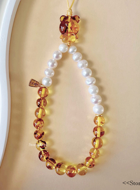 STORY OWL/元气熊/原创天然花珀小熊珍珠耳机挂件相机挂绳手机链