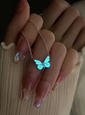 s925纯银夜光蝴蝶项链小众设计蓝色蝴蝶手链女森系极光锁骨链