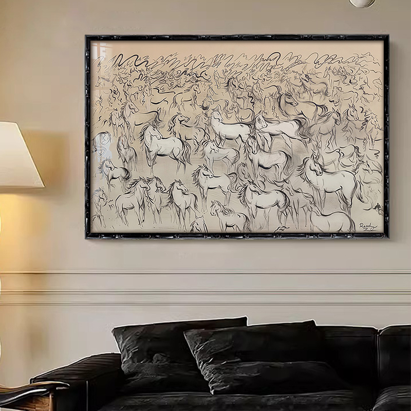 中古风客厅艺术挂画万马奔腾办公室背景墙装饰画横幅素描壁画招财图片
