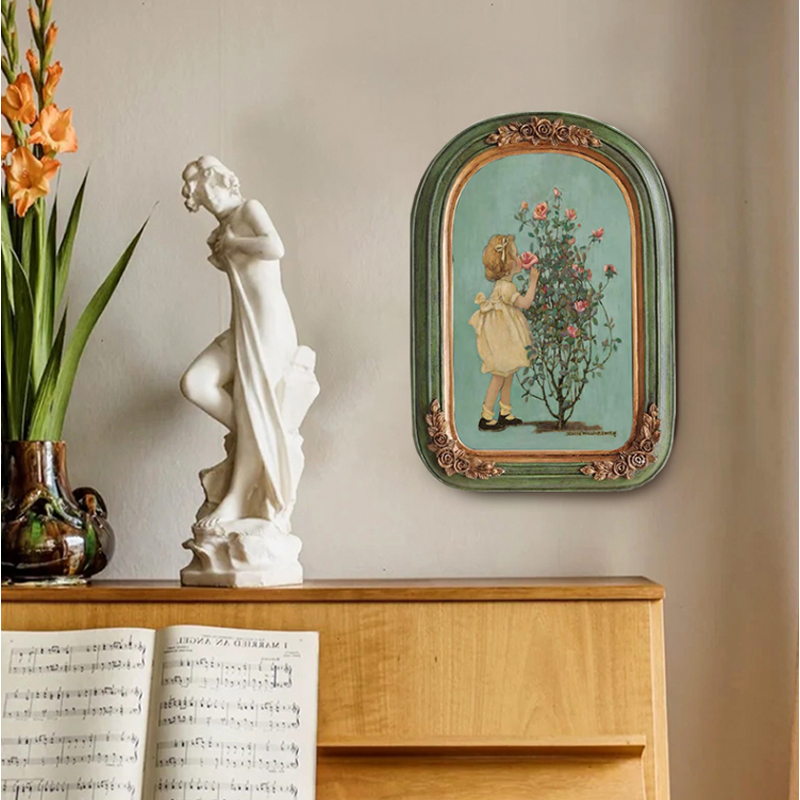 vintage中古风挂画法式软装复古装饰画美式小众油画拱形古典壁画