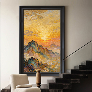旭日东升客厅东墙装饰画中古风入户玄关挂画大芬村油画办公室壁画