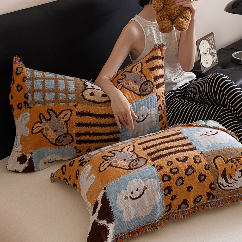 纯棉儿童用枕巾卡通动物纯棉纱布流苏学生宿舍防滑透气吸汗枕头巾