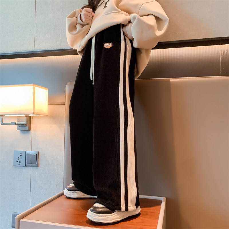 女童加绒裤子2023秋冬款儿童直筒阔腿裤爆款加厚灯芯绒中大童长裤