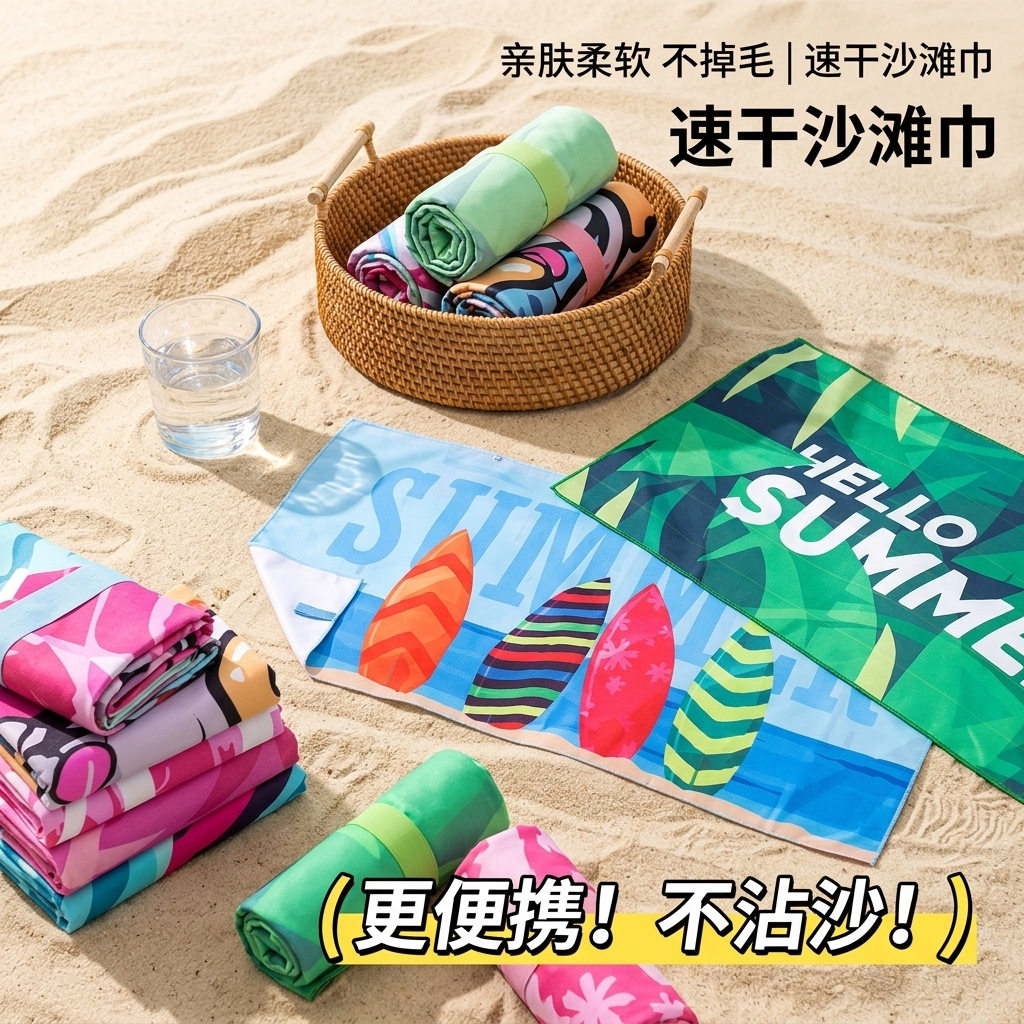 跨境超细纤维双面绒沙滩巾成人儿童速干吸水印花游泳浴巾沙滩防晒