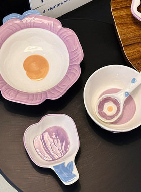 高颜值紫薇花开陶瓷米饭碗手绘家用方盘双耳菜盘釉下彩餐具陶瓷勺