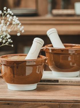 复古农家擂菜碗老式粗陶食物研磨器家用擂辣椒碗捣蒜碗陶瓷高脚碗