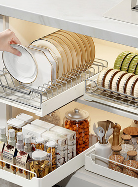 不锈钢碗盘架橱柜拉篮抽屉式内置放碗架沥水碗碟收纳架厨房置物架
