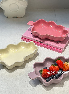 圣诞树陶瓷釉下彩奶油风带手柄儿童水果碗点心盘甜品沙拉碗高颜值