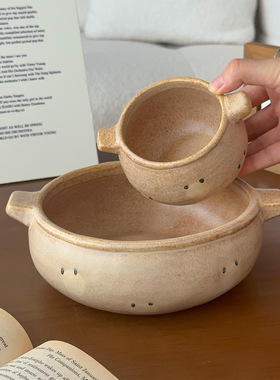 穆尼 复古手绘粗陶双耳碗个性酸奶碗米饭碗沙拉甜品碗泡面碗汤碗