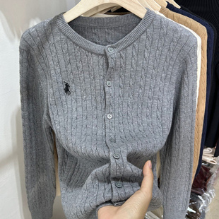 上衣 白色麻花毛衣开衫 小马标刺绣老钱风针织衫 外套女绞花线衣秋季