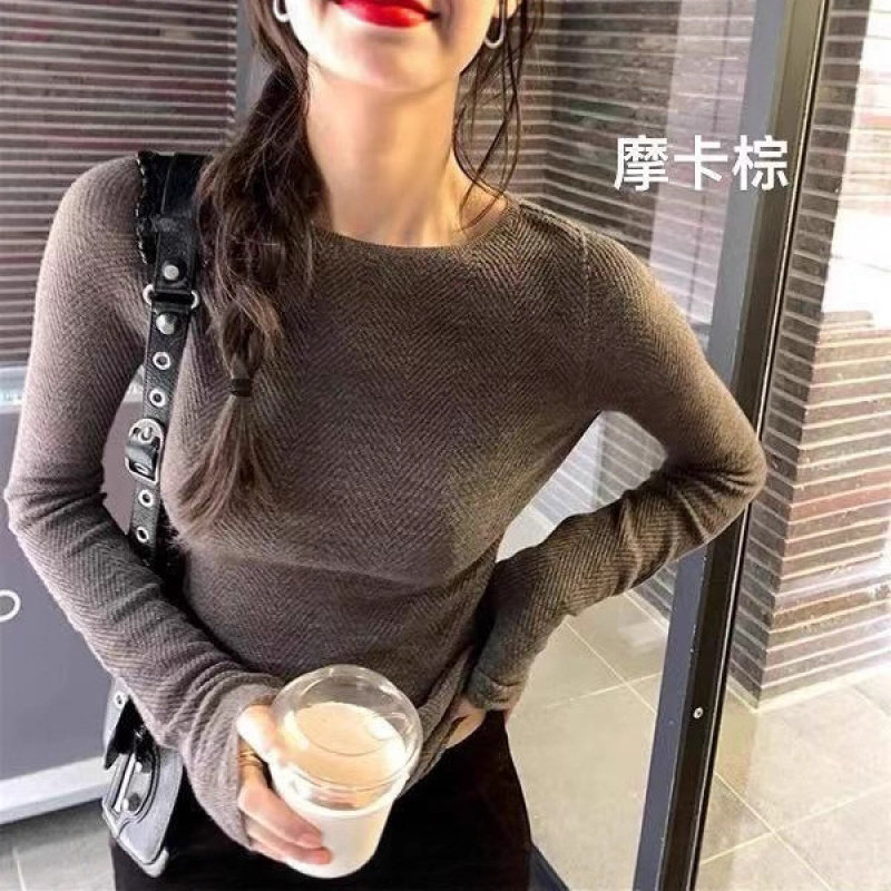 一字领长袖打底衫女秋冬皮草内搭显瘦气质高级感收腰露肩针织上衣